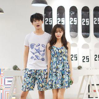Couple Matching Set: Print Short-sleeve T-shirt + Shorts / Strap Dress
