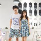 Couple Matching Set: Print Short-sleeve T-shirt + Shorts / Strap Dress