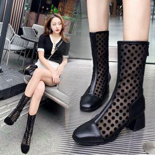 Dotted Mesh Block-heel Short Boots