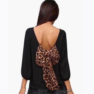 Leopard Bow Accent 3/4 Sleeve Chiffon Top