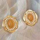 Retro Faux Pearl Gemstone Earring 1 Pair - 0633a - Silver Needle Earring - Gold & Brown Bead - One Size