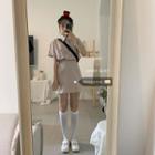 Set: Short-sleeve Checker Shirt + A-line Mini Skirt