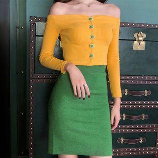 Off-shoulder Buttoned Long-sleeve Top / Slit Pencil Knit Skirt