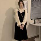 Mock Two-piece Flared-cuff Stand-collar Velvet Midi Dress Black - One Size