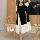 Short-sleeve Two-tone Midi Smock Dress Black - One Size