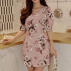 Short-sleeve Floral Print Mini Sheath Dress