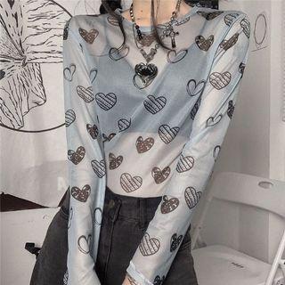 Long Sleeve Heart Print Sheer T-shirt