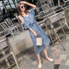 Elbow-sleeve Cold Shoulder Denim Midi Dress