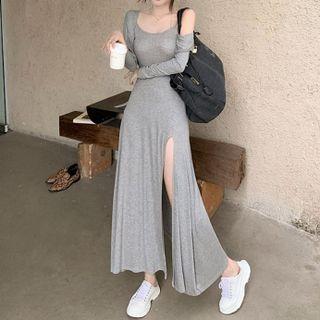 Set: Hooded Light Jacket + Spaghetti Strap Side-slit Midi A-line Dress