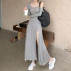 Set: Hooded Light Jacket + Spaghetti Strap Side-slit Midi A-line Dress