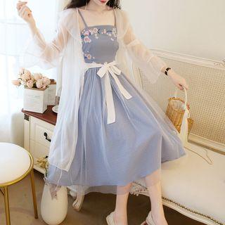 Set: Long Sleeve Cardigan + Spaghetti Strap Floral Embroidered A-line Dress
