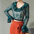 Frill Trim Lace Long-sleeve Top