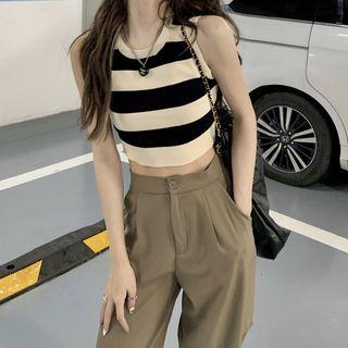 Sleeveless Striped Knit Top / Wide Leg Pants