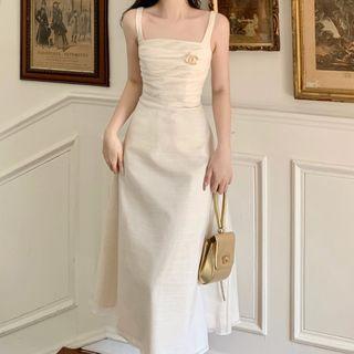 Wide Strap Shirred Midi A-line Dress / Cardigan