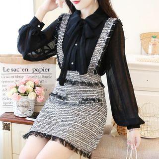 Set: Tie-neck Blouse + Tweed Tasseled Jumper Skirt