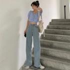 Short-sleeve Plaid Crop Top / Wide Leg Jeans