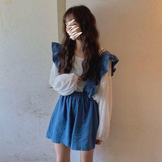 Plain Long-sleeve Top / Ruffle Trim Jumper Pants