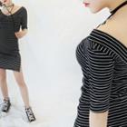 V-neck Slit-side Striped Dress