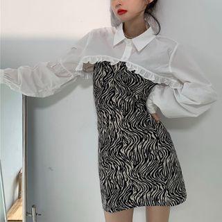 Long-sleeve Cropped Frill Trim Shirt / Spaghetti Strap Zebra Print Mini Sheath Dress
