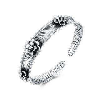 925 Sterling Silver Vintage Fashion Flower Open Bangle Silver - One Size