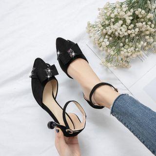 Rhinestone Bow Ankle Strap Kitten Heel Sandals