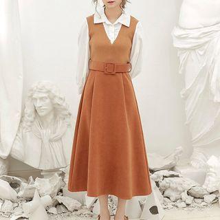 Mock Two Piece Color Panel Long Sleeve Midi Shirt Dress
