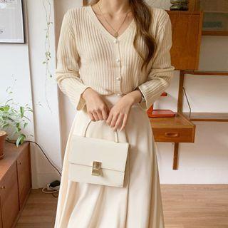 Faux-pearl Button Ribbed Cardigan