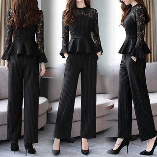 Set: Mesh Panel Long-sleeve Peplum Top + Striped Wide-leg Pants