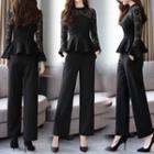 Set: Mesh Panel Long-sleeve Peplum Top + Striped Wide-leg Pants