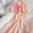Puff-sleeve Midi A-line Dress / Tie-front Shawl