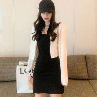 Cropped Cardigan / Spaghetti-strap Mini A-line Dress