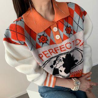 Cartoon Embroidered Knitted Polo Shirt