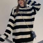 Long-sleeve Lettering Striped Cutout T-shirt As Shown In Figure - One Size