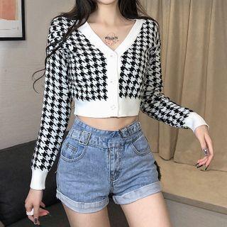 V-neck Houndstooth Cropped Cardigan