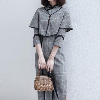 Traditional Chinese Set: 3/4-sleeve Plaid Dress + Cape