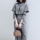 Traditional Chinese Set: 3/4-sleeve Plaid Dress + Cape