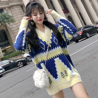Oversized Patterned Sweater As Shown In Figure - One Size