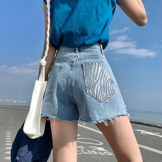 Zebra Print Patch Frayed Denim Hot Pants