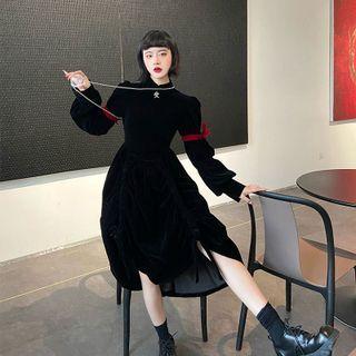 Puff-sleeve Drawstring Midi A-line Velvet Dress
