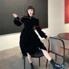 Puff-sleeve Drawstring Midi A-line Velvet Dress