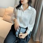 Long-sleeve Tie-front Silky Shirt