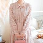 Tie-neck Crochet-trim Lace Dress Pink - One Size