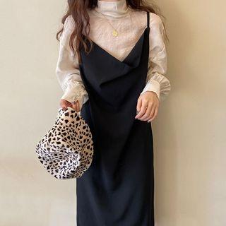 Turtleneck Lantern-sleeve Blouse / Midi Spaghetti Strap Dress