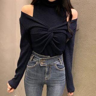 Long-sleeve Cold Shoulder Twist-front Turtleneck Knit Top