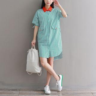 Contrast Collar Striped Short-sleeve Shirt Dress