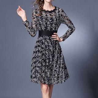 Lace Print Long-sleeve Dress