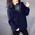 Contrast Trim V-neck Sweater Dark Blue - One Size