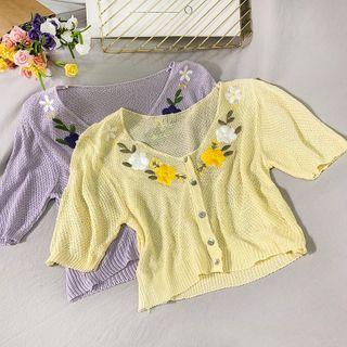 Embroidered Cropped Light Knit Top
