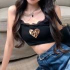 Leopard Heart Lace Trim Cropped Camisole Top Black - One Size