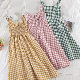 Wide Strap Gingham A-line Dress